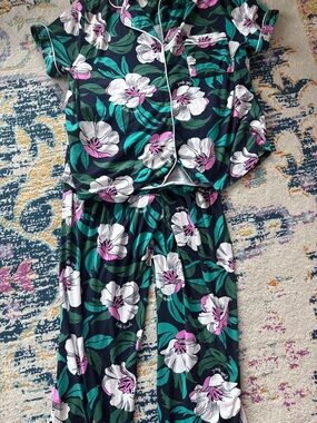kate spade Navy Floral Two-Piece Pajama Set with Green & Pink Accents